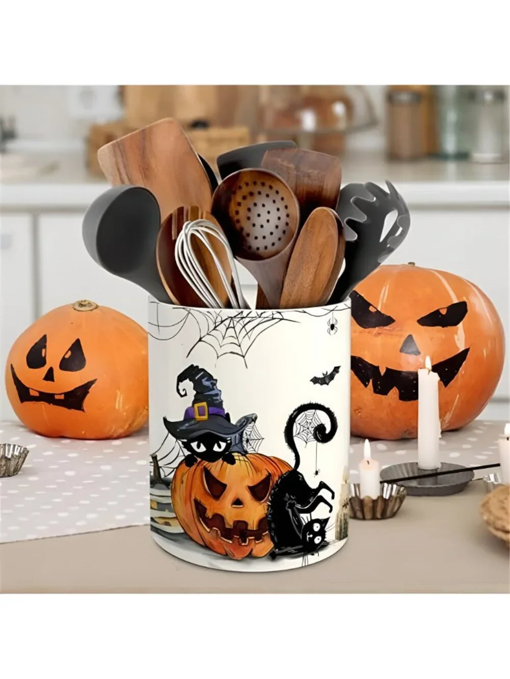 Halloween Kitchen Decor, Ceramic Halloween Cat Utensil Holder